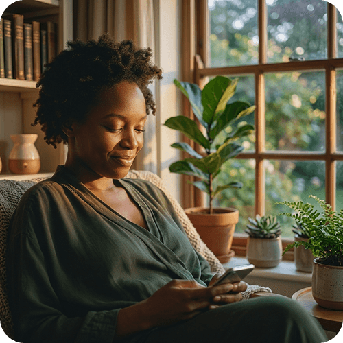 A smiling woman writing on her phone by a sunny window
