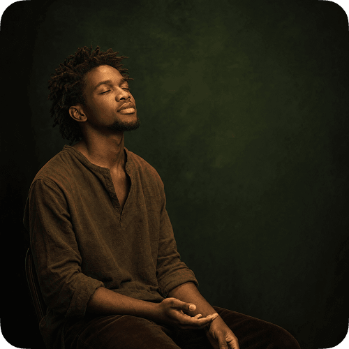 A man seated with his eyes closed against a dark green backdrop