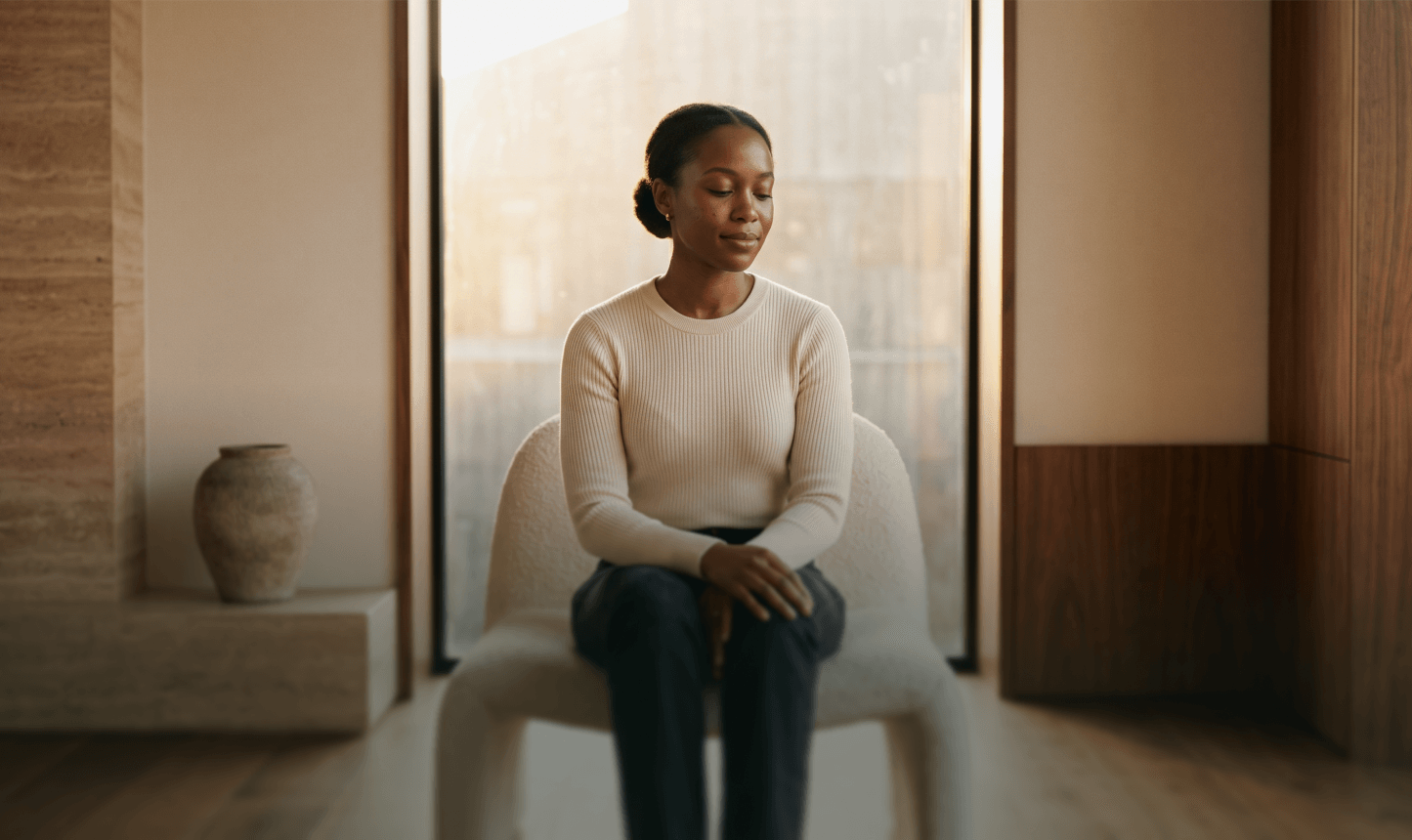 A woman sitting calmly with her eyes closed in a sunlit room